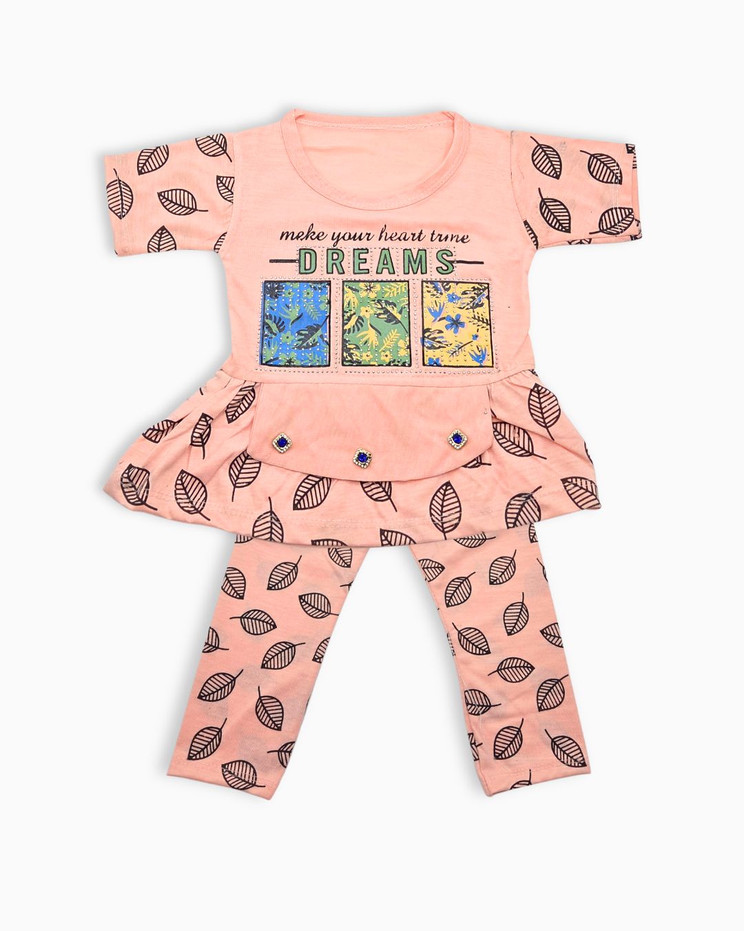 Girls Leaf Pattern Peplum Outfit - Pink