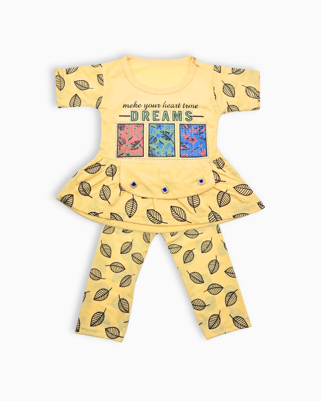 Girls Leaf Pattern Peplum Outfit - Yellow