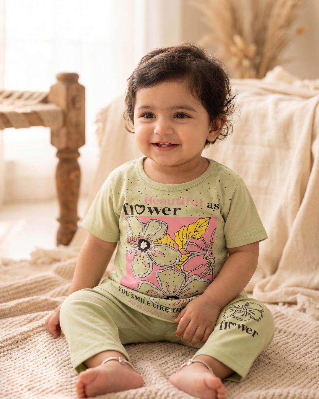 Girls Blossom Top and Trouser Set - Green