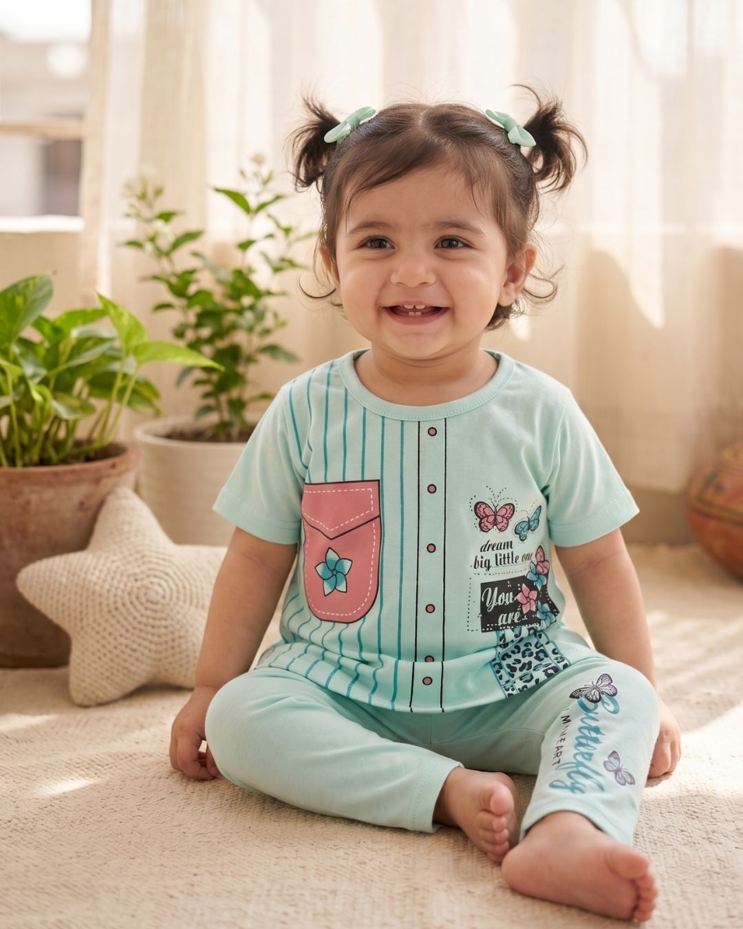 Girls Butterfly Print 2-Piece Summer Set-Green
