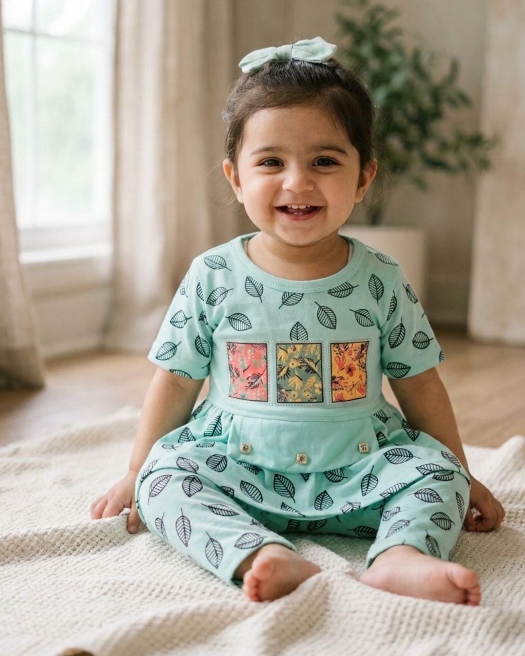 Girls Leaf Pattern Peplum Outfit - Green