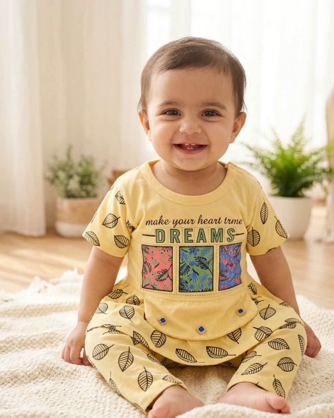 Girls Leaf Pattern Peplum Outfit - Yellow