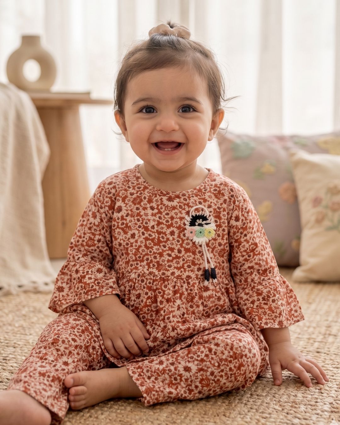Girls Rusty Linen Frock Wildflower Printed 2pcs Set