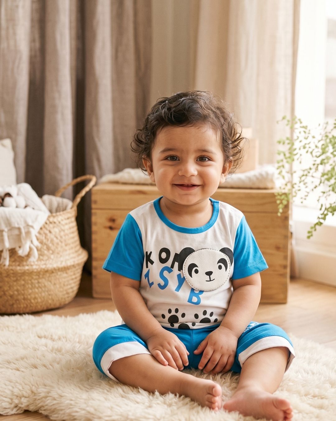 Kids Panda Print Two-Piece Summer Outfit - Blue