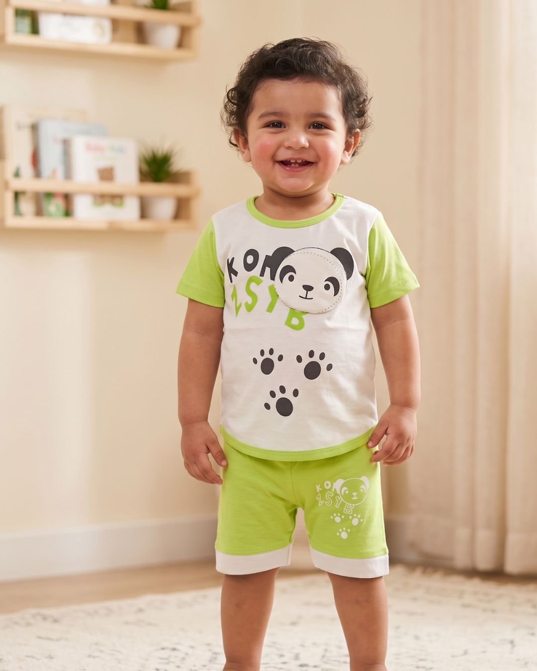 Kids Panda Print Two-Piece Summer Outfit - Green