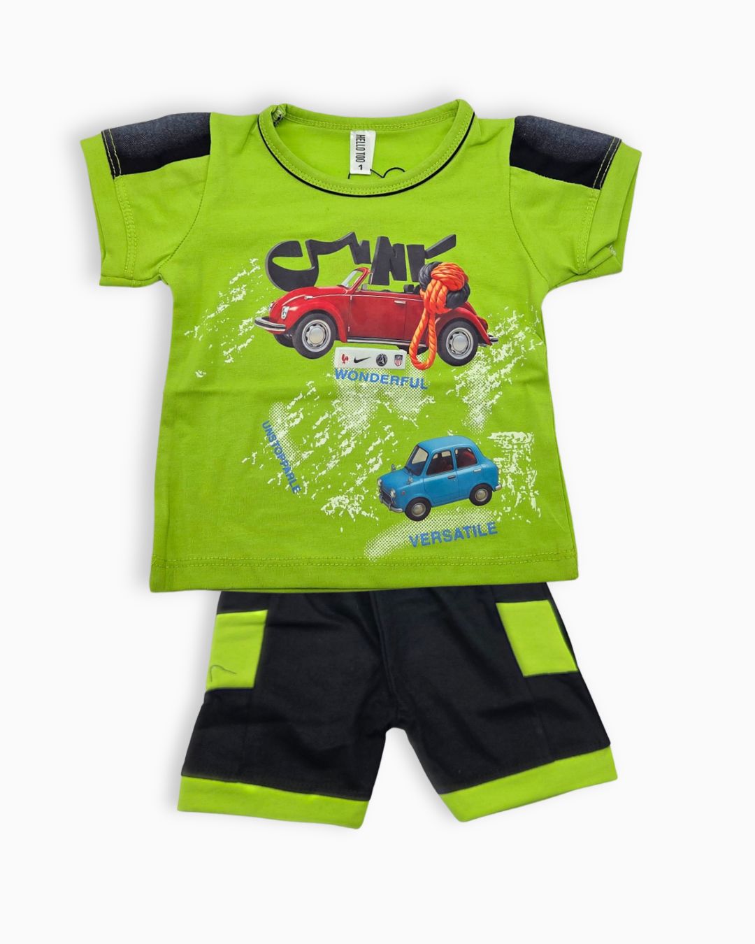 Little Racer Car Print Cotton Summer Set-Green & Black