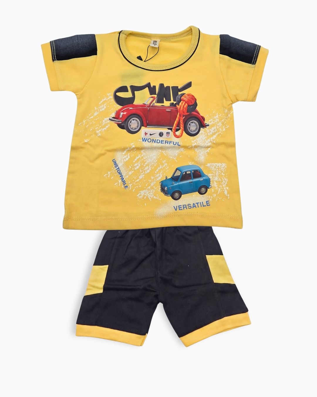 Little Racer Car Print Cotton Summer Set-Yellow & Black