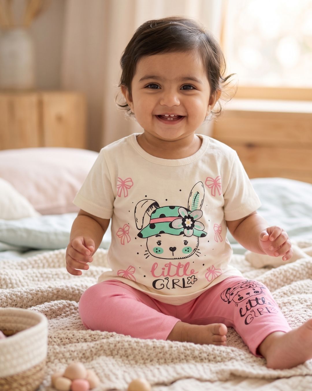 Little Girl Bunny Print T-Shirt & Leggings Set - Pink