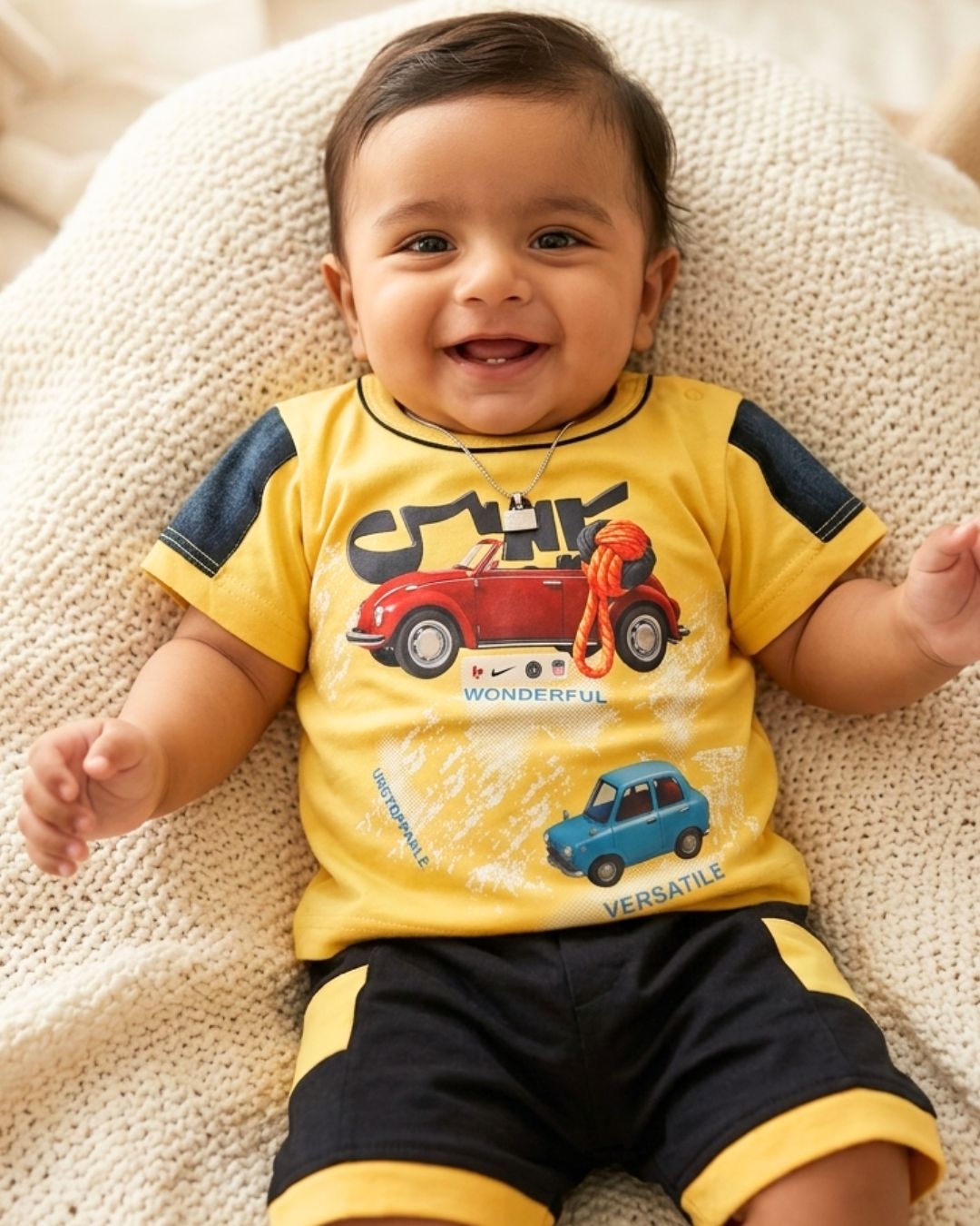 Little Racer Car Print Cotton Summer Set-Yellow & Black