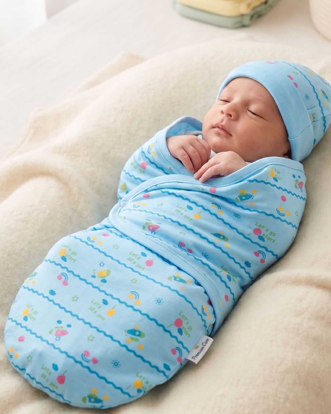 Newborn Baby Swaddle Wrap with Matching Cap - Blue