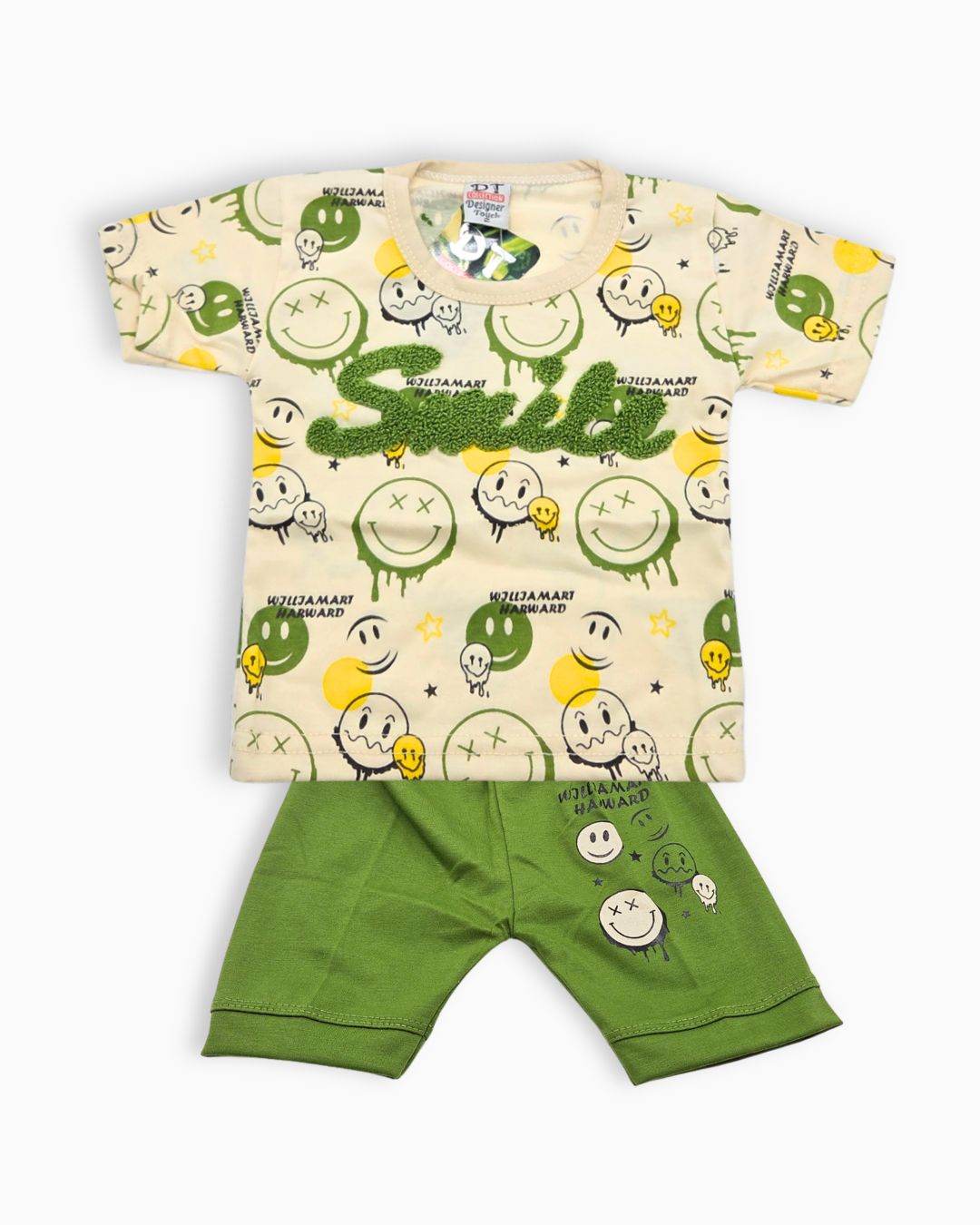 Playful Graffiti Smiley Cotton 2Pcs Set- Green