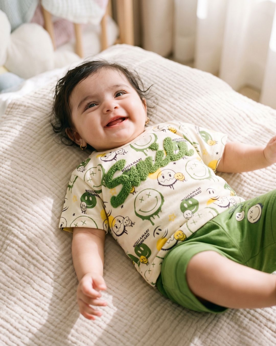 Playful Graffiti Smiley Cotton 2Pcs Set- Green