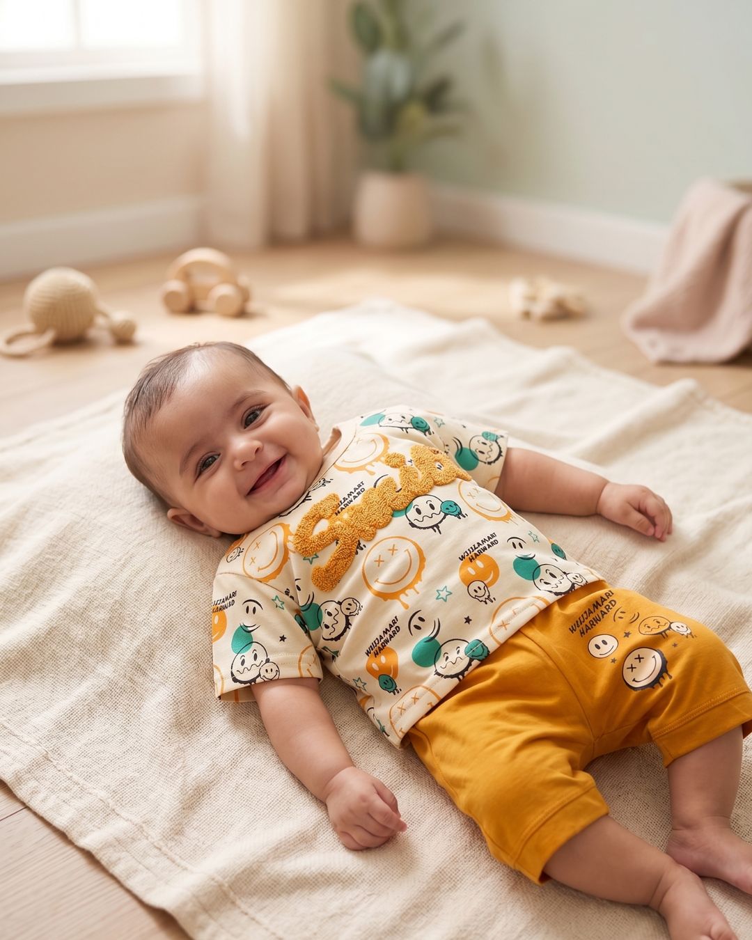 Playful Graffiti Smiley Cotton 2Pcs Set- Yellow