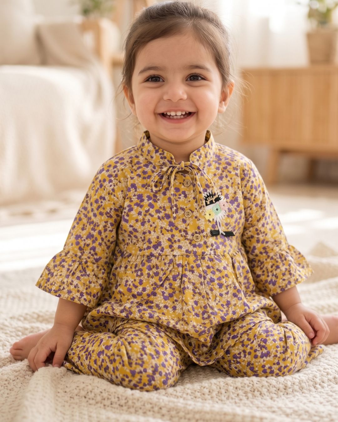 Princess Linen Frock Wildflower Printed Theme 2Pcs Set